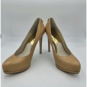 Michael Kors Hamilton Platform Leather Pumps Heels Beige Nude Gold Lock Sz 10